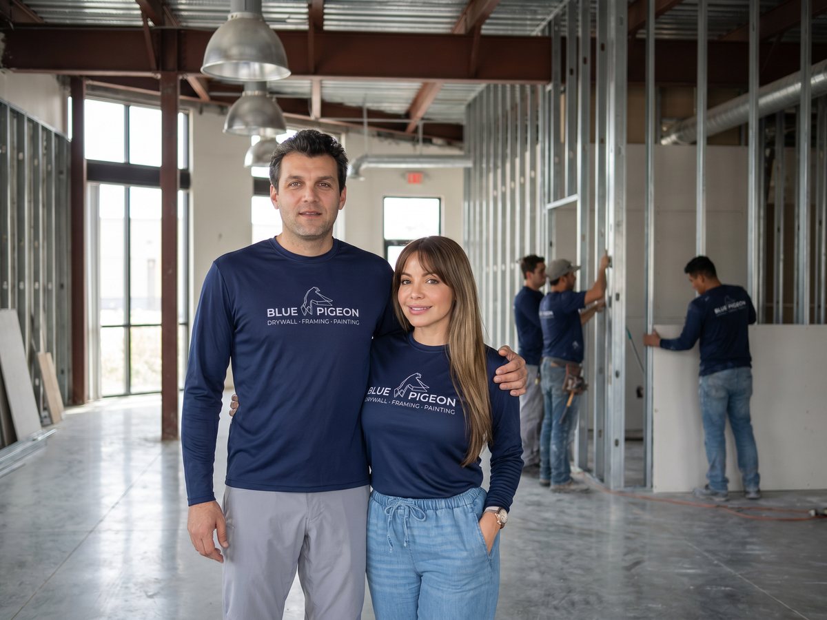 Mayra and Diego, founders of Blue Pigeon Drywall + Framing, on a commercial jobsite