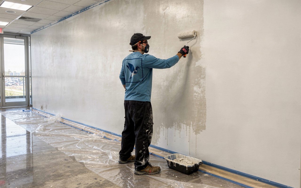 Blue Pigeon painter rolling primer on a commercial interior wall with floor protected